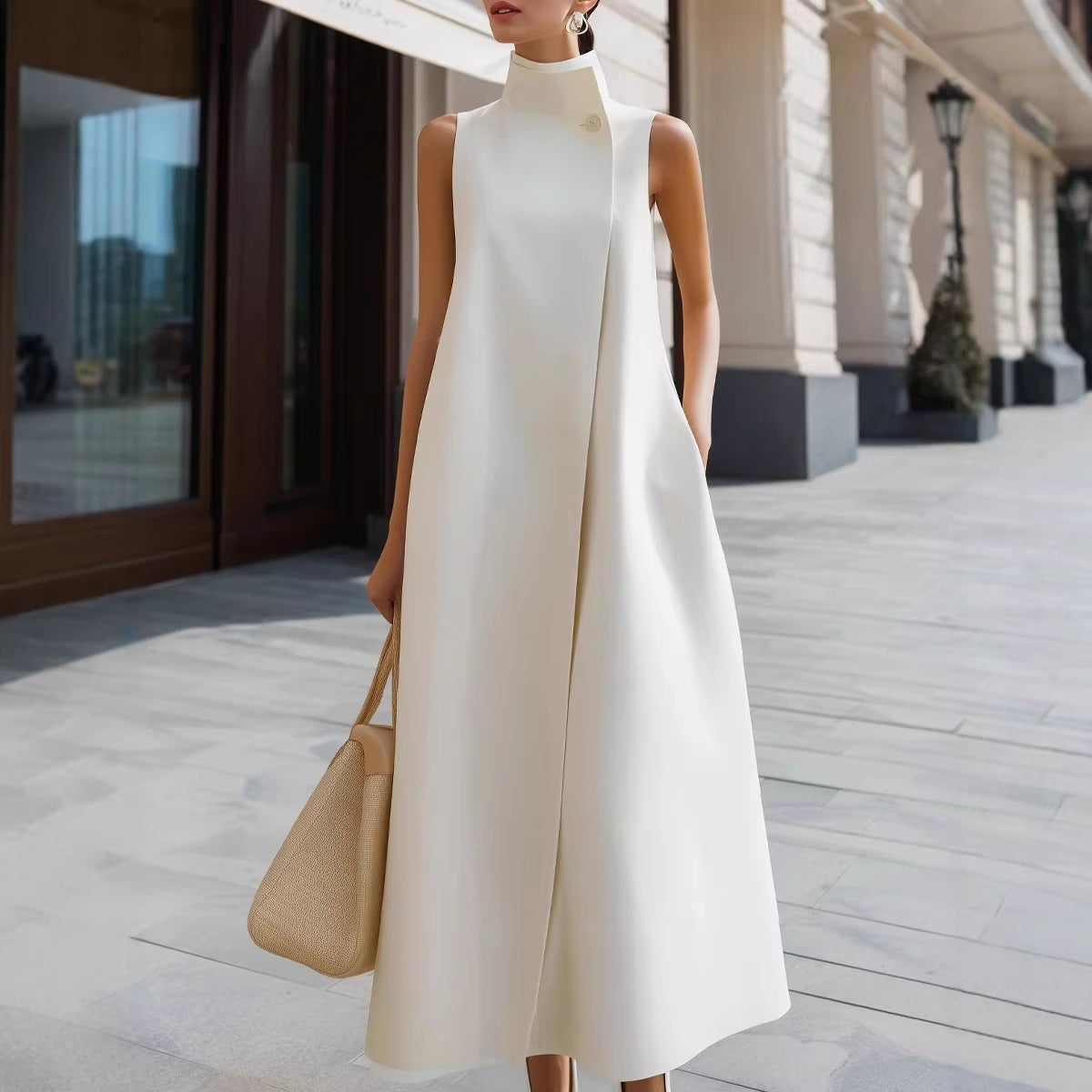 Elegant Commuter Stand Collar One Button Solid Color Dress