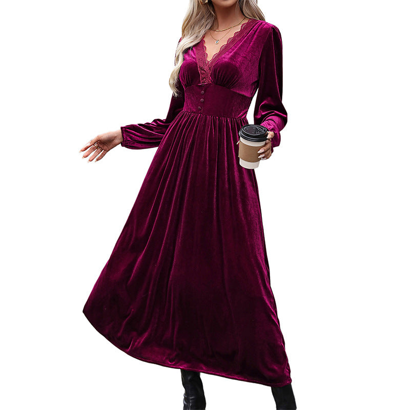 Classy Solid Color Veet Long-sleeved Dress Dresses