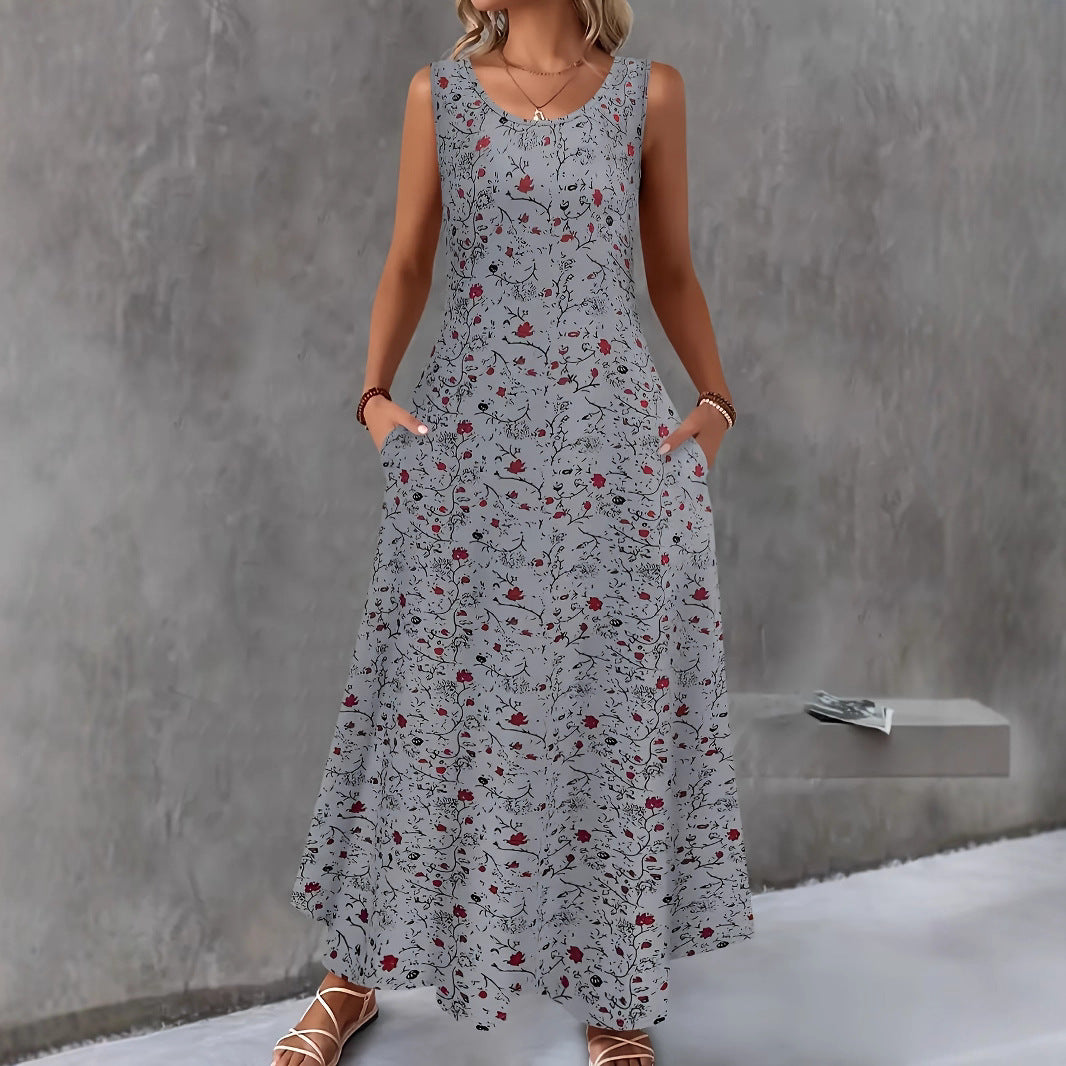 Fashionable Round Neck Sleeveless Printed Elegant Dress