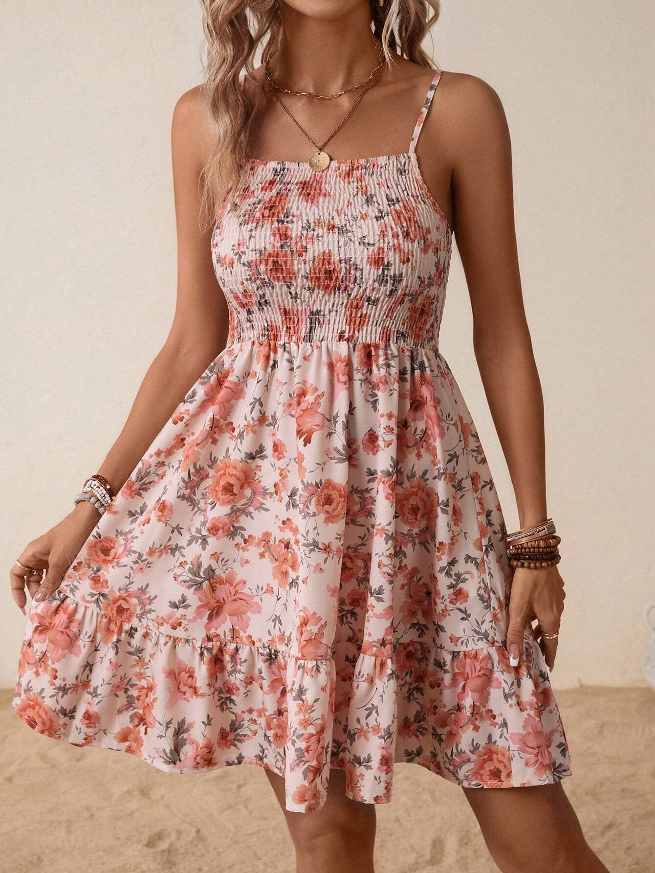 Floral Tight Waist Strap Beach Vacation Dress