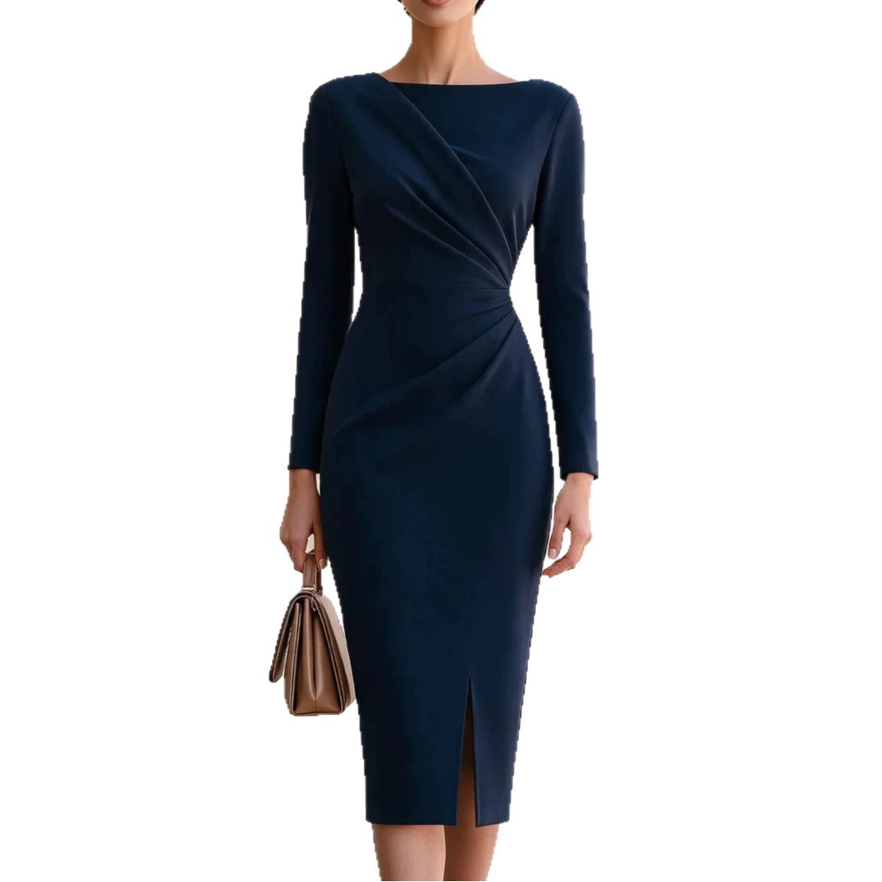 Women's Long Sleeve Commuter Pleated Waist Tight Split Sheath Dress