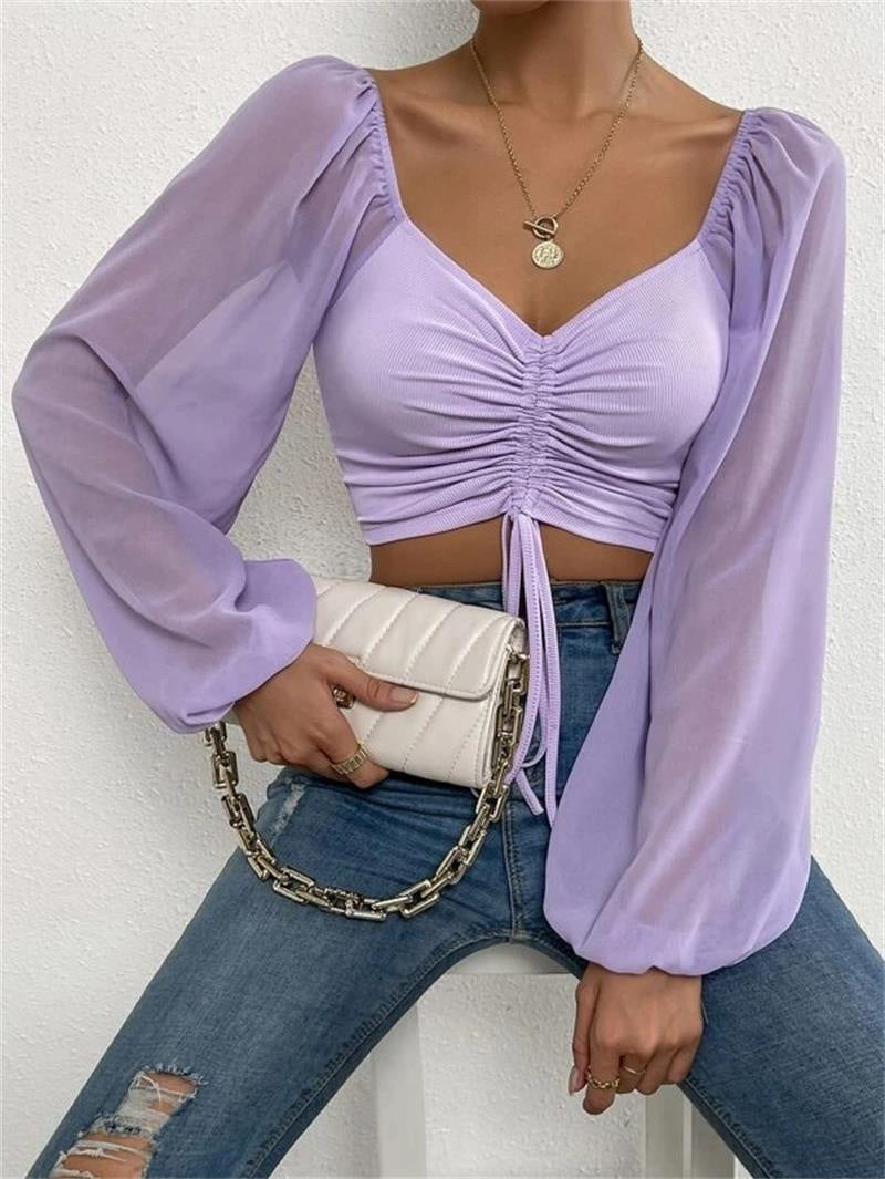 Women's Sexy Stitching Chiffon Drawstring Lantern Sleeve Tops