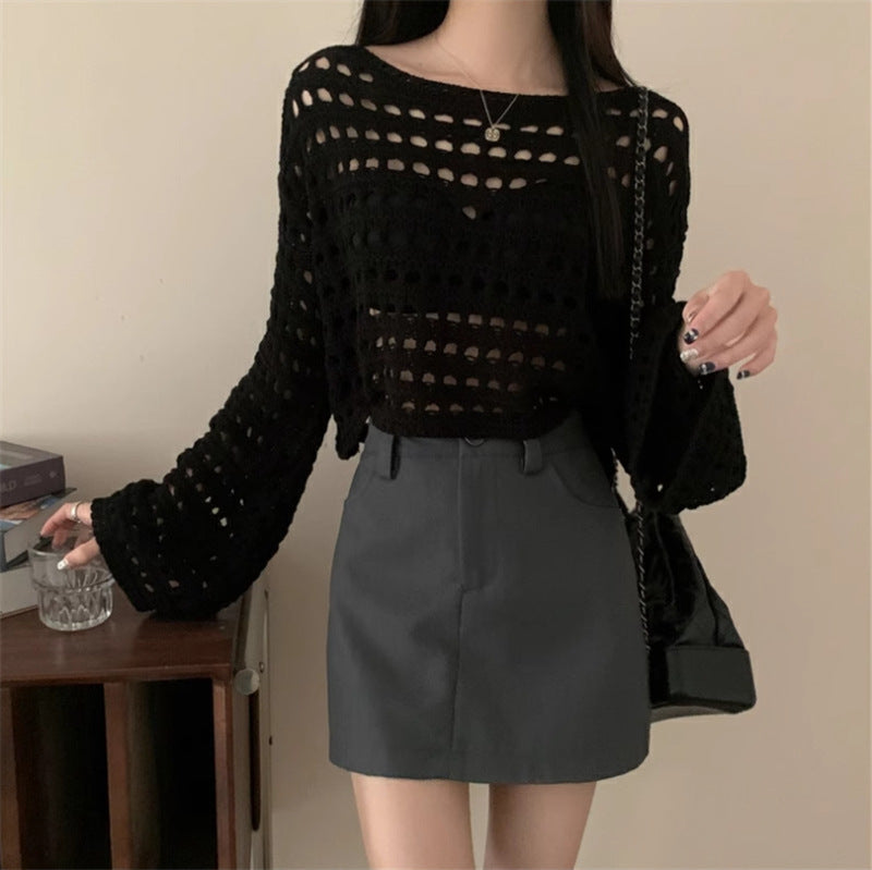 Women's Bell Sleeve Air Conditioning Shirt Hollow Thin Breathable Mesh Knitted Blouses