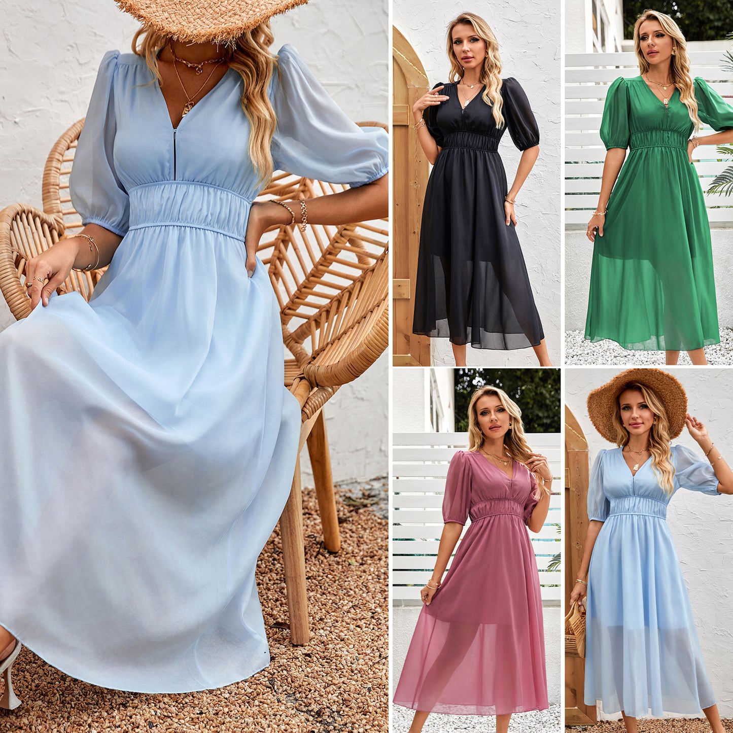 Women's Vacation Casual Solid Color Chiffon Waist Dress
