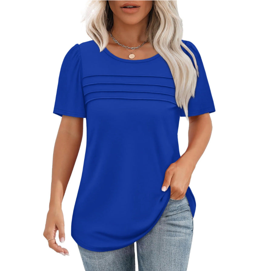 Women's Summer Round Neck Sleeve Chest Tuck Line Blouses