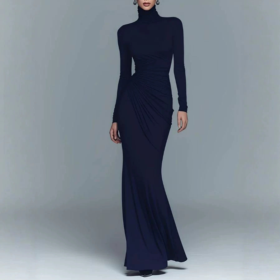 Women's Autumn Solid Color Turtleneck Long Sleeve Sexy Waist Dress