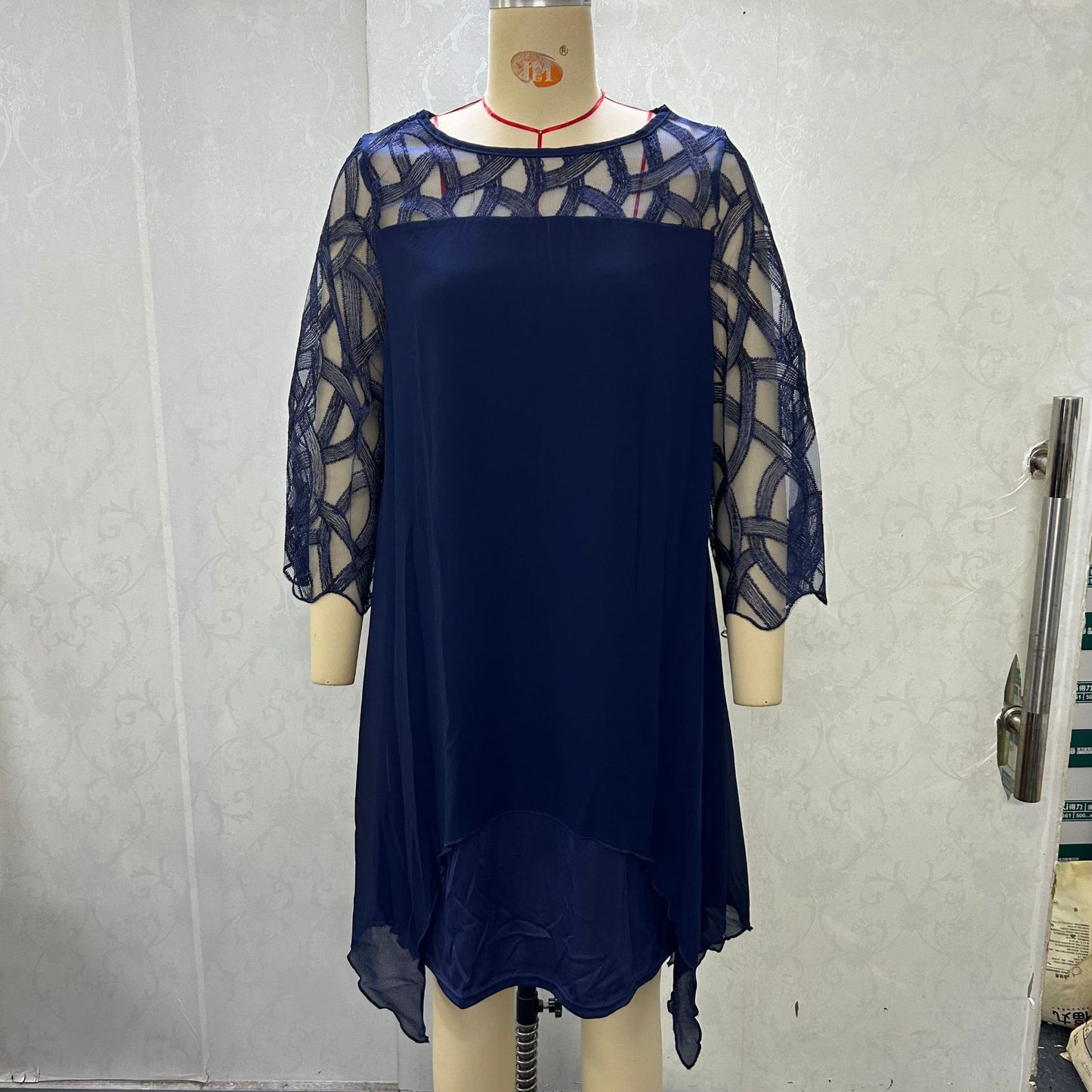 Lace Stitching Sleeve Irregular Hem Chiffon Dress