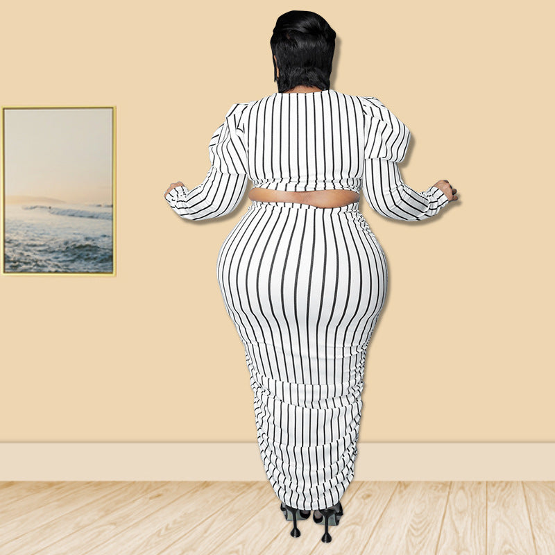 Women's Summer Striped Printed Bubble Long Sleeve Suits