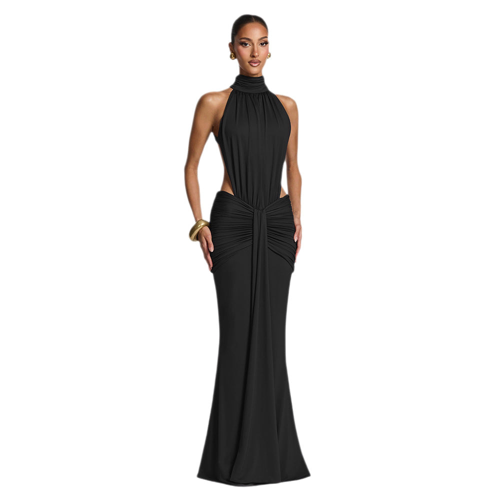 Women's Temperament Pure Color Banquet Long Sexy Backless Slim Fit Dress