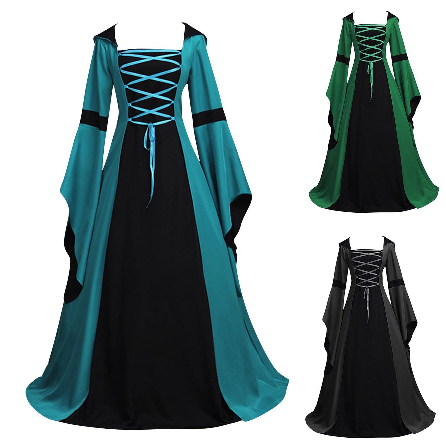 Retro Hooded Square Collar Lace Up Bell Sleeve Large Swing Dress