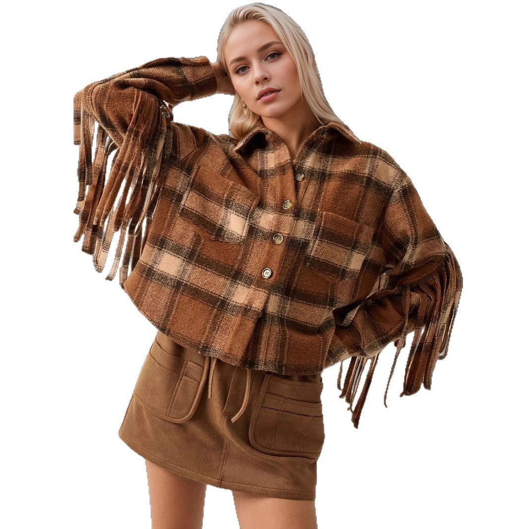 Plaid Slit Opening Tassel Wool Long Coats