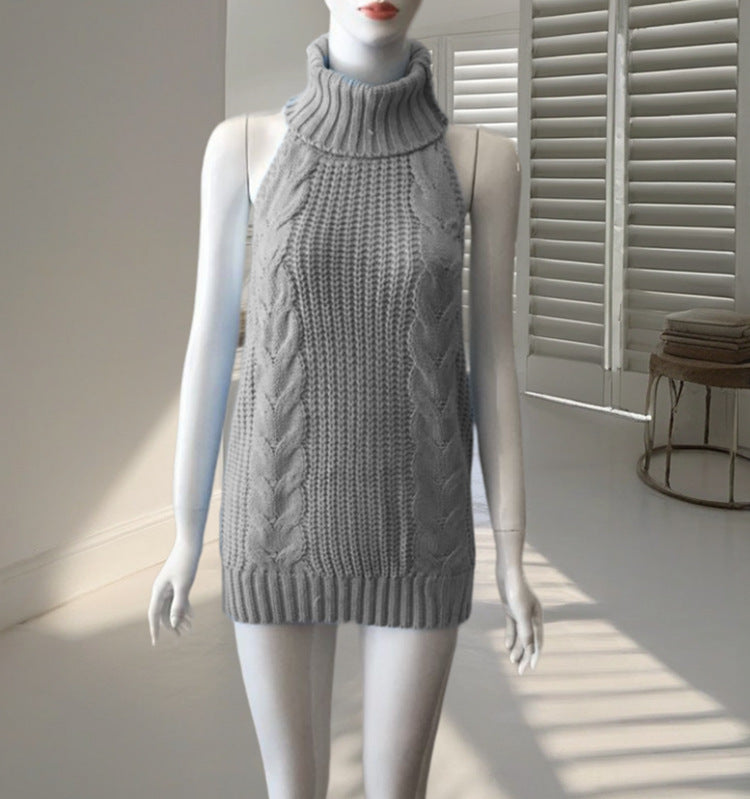 Spring Sexy Backless Turtleneck Sleeveless Knitted Pullover Women's Sweater