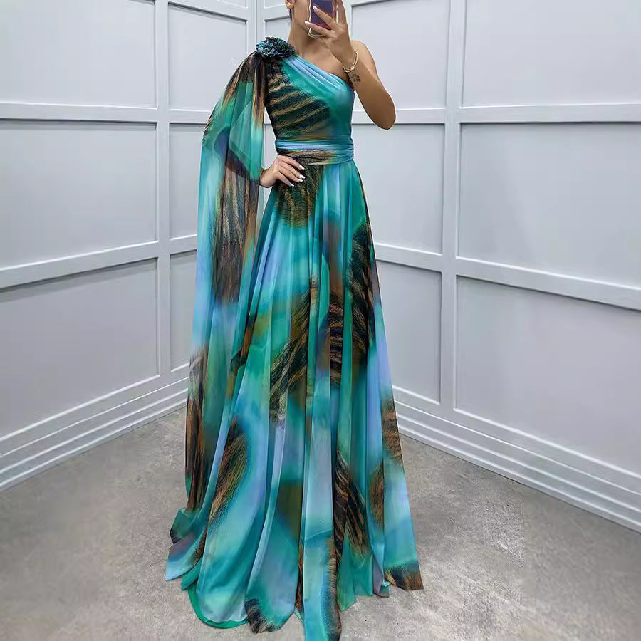 Chiffon Printed Sloping Shoulder Dress Casual Dresses
