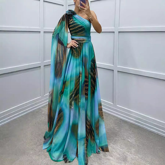 Chiffon Printed Sloping Shoulder Dress Casual Dresses