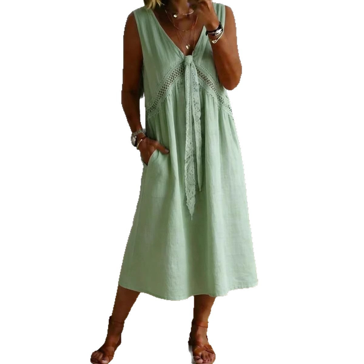 Women's Linen Pure Color Cotton Sleeveless Dress