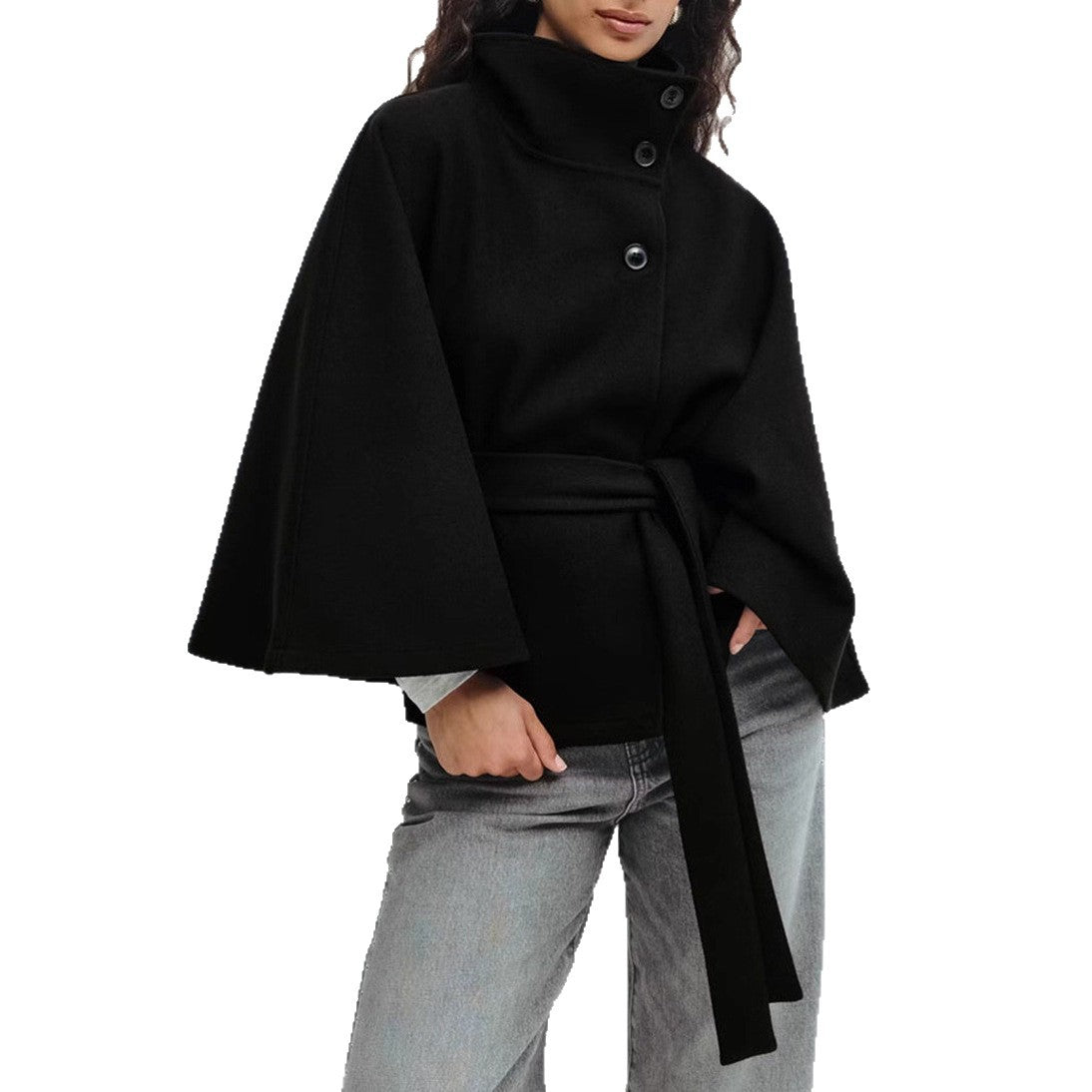 Women's Color Cloak Stand Collar Button Belt Coats