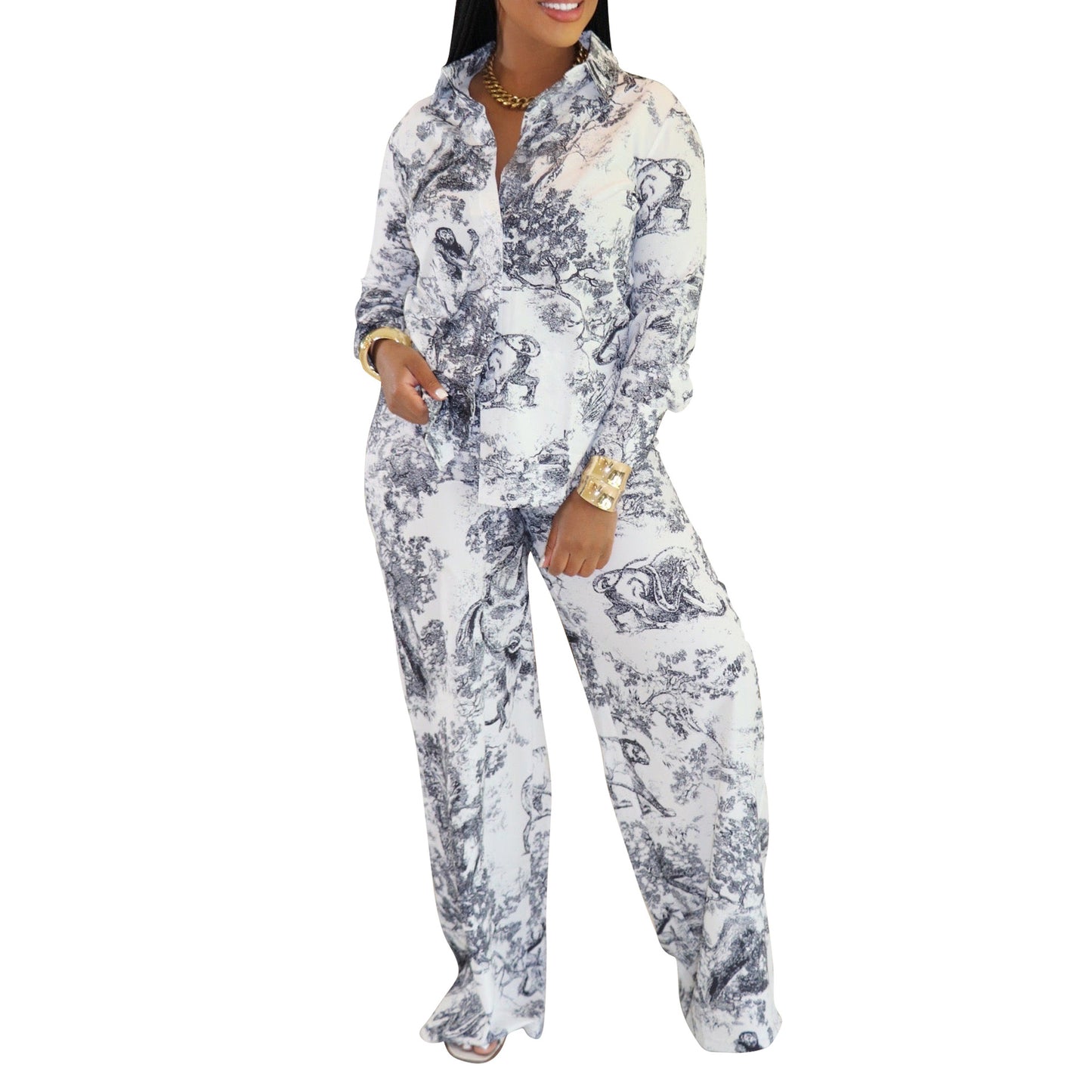 Women's Fashion Casual Long-sleeved Shirt Trousers Two-piece Suits