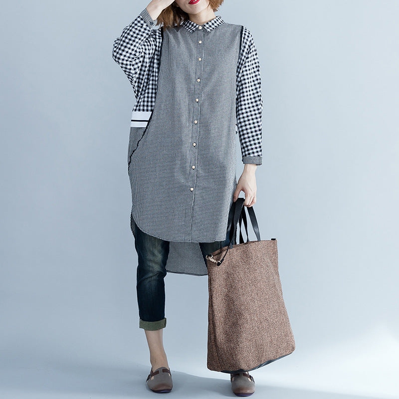Women's Fashion Loose Leisure Slimming Plaid Lapel Long Sleeve Dress