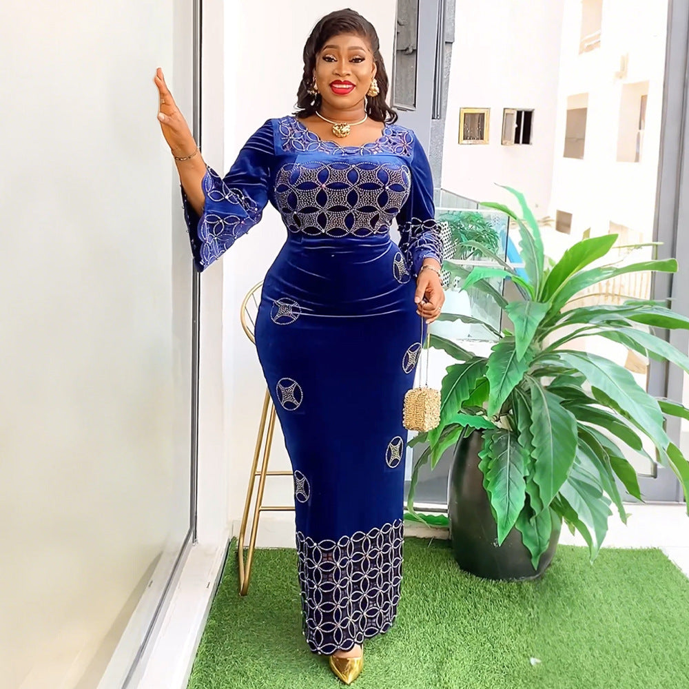 Fashion Rhinestone Long Dress African Flannel Dresses