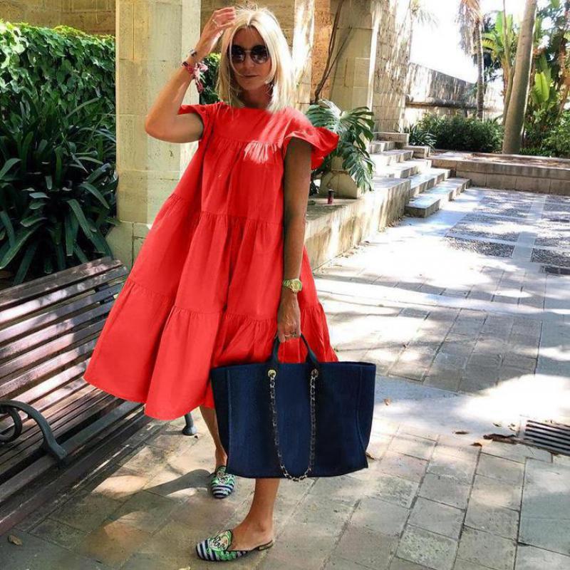 Women's Loose Pleated Short-sleeved Dress Solid Color Dresses
