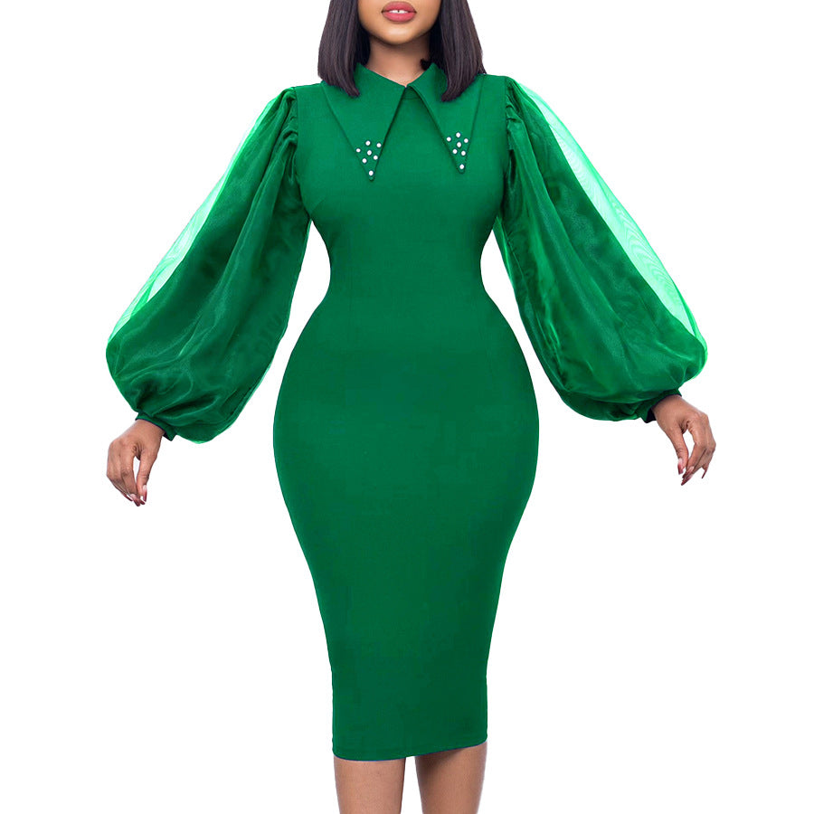 Women's Long-sleeved Large Sheath Beaded Mesh Stitching Commuter Dress