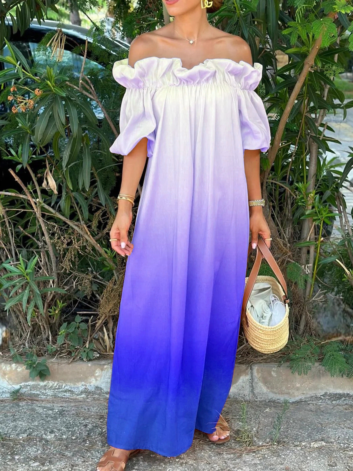Gradient Backless Lazy Puff Sleeve Loose Dress