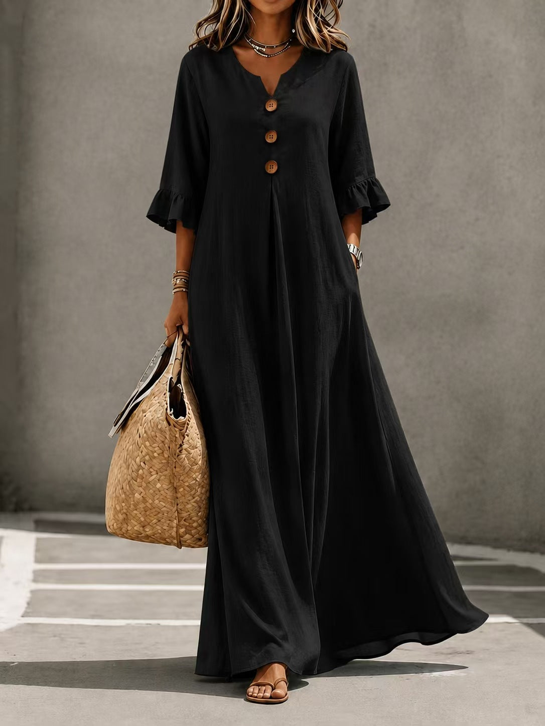 Women's Lotus Leaf Sleeve Pocket Long Fashion Dress