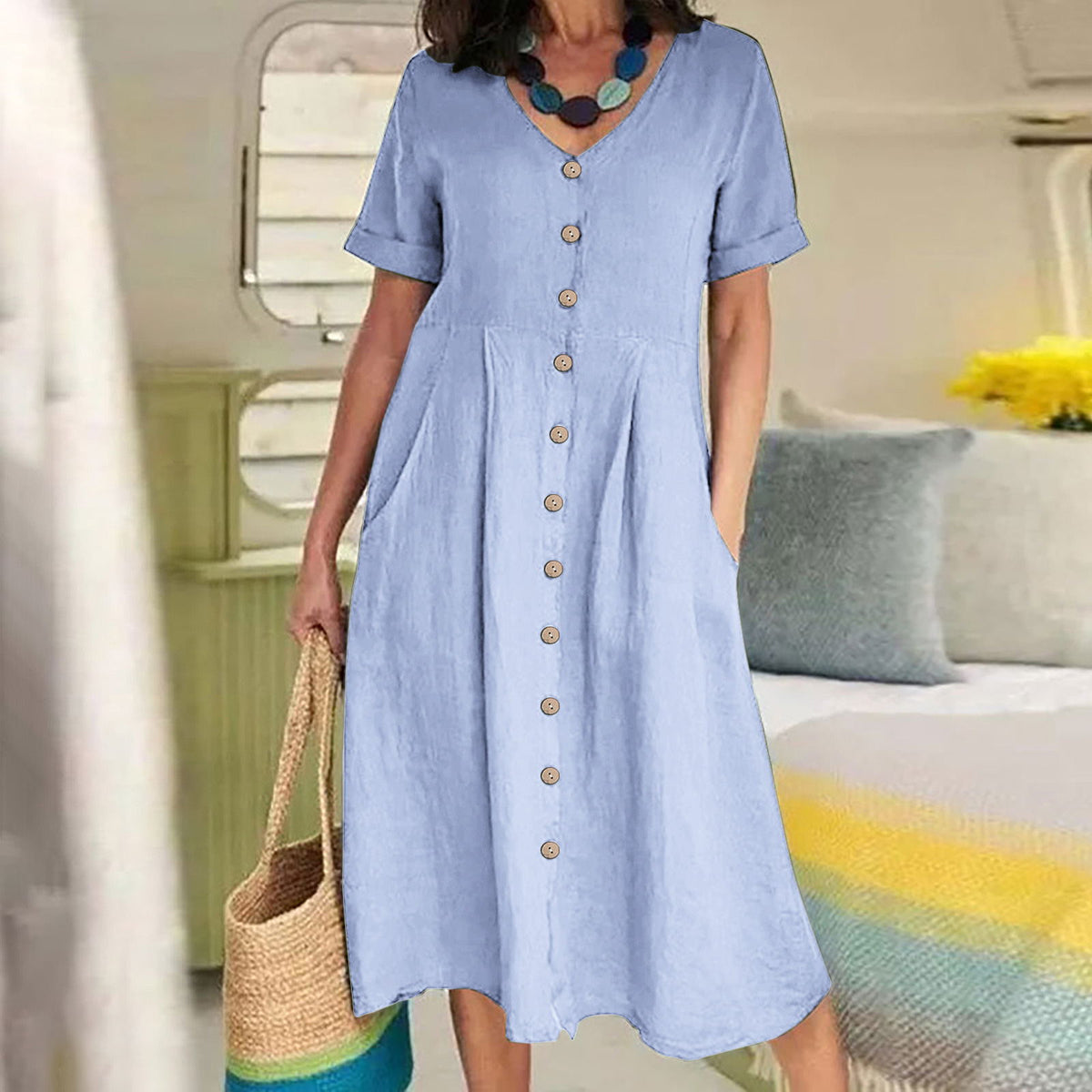 Solid Color Loose High Waist Cotton Dress