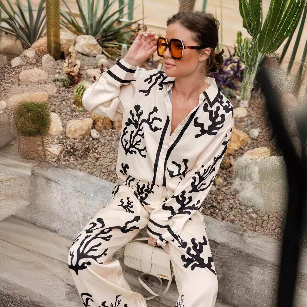 Multicolor Printing Satin Vacation Loose Two-piece Suits