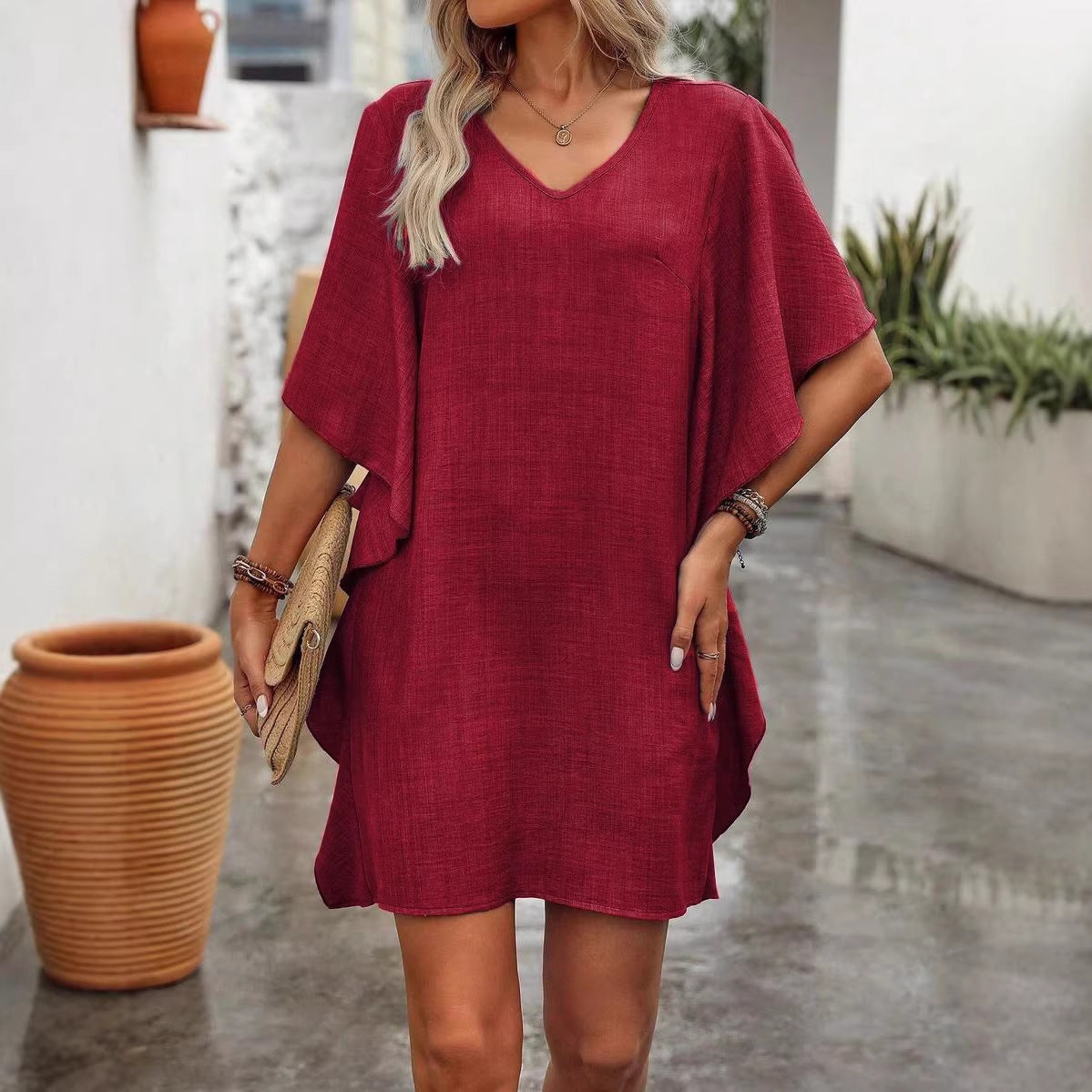 Women's Summer Solid Color Loose Lotus Leaf Dress