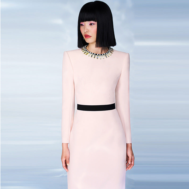 Stylish Graceful Simple Diamond Beaded Color Matching Dress