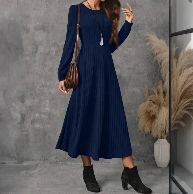 Ladies Fashion Round Neck Long Sleeve Solid Color Casual Sunken Dress
