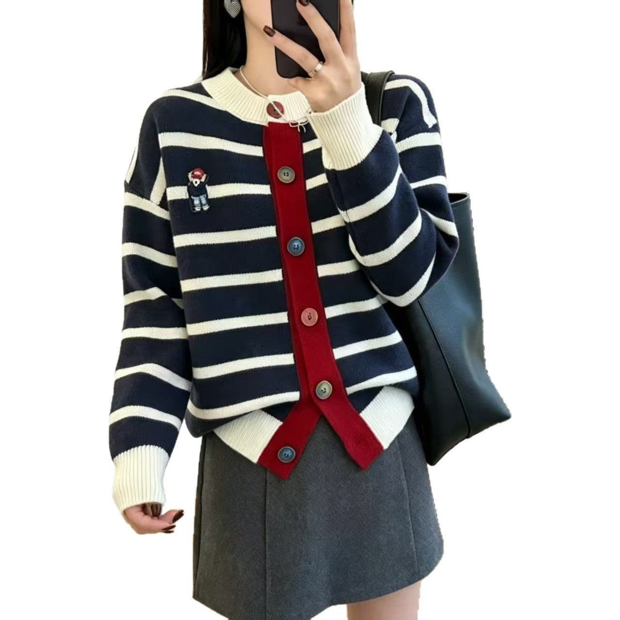 Women's Contrast Color Loose Round Neck Knitted Women's Sweater