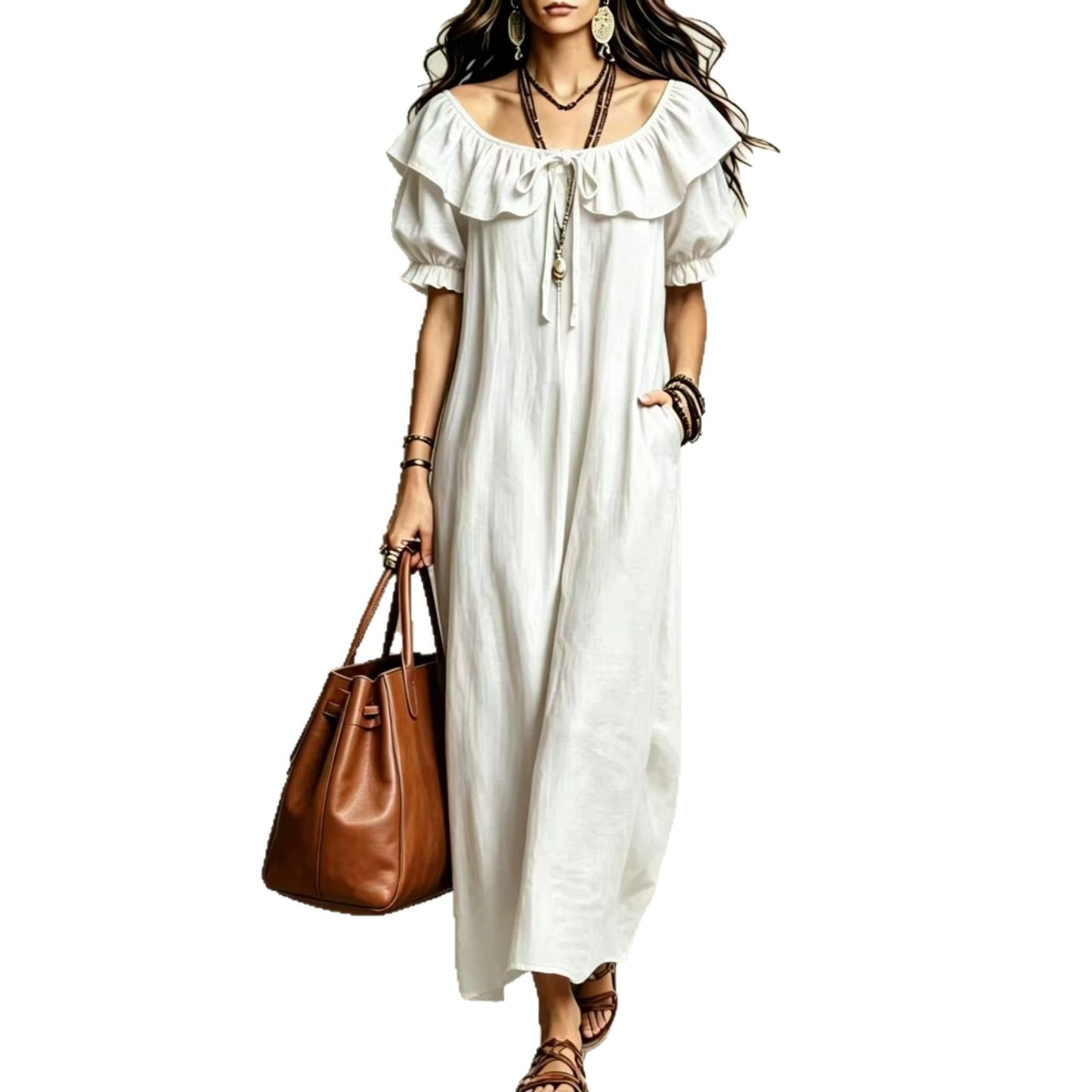 Loose Round Neck Ruffled Leisure Temperament Seaside Dress