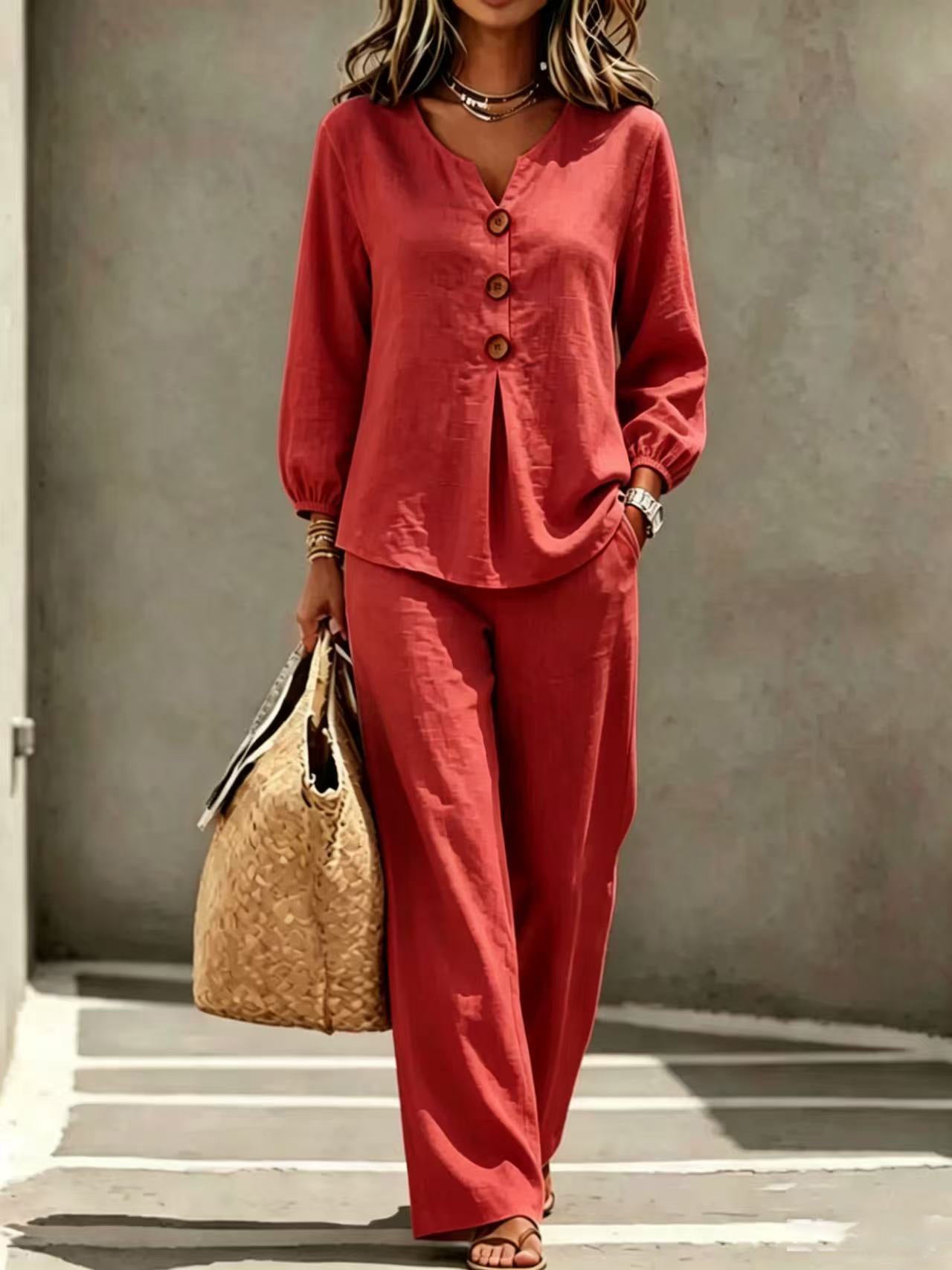 Women's Button Flounce Long Sleeve Trousers Two-piece Fashion Casual Suit