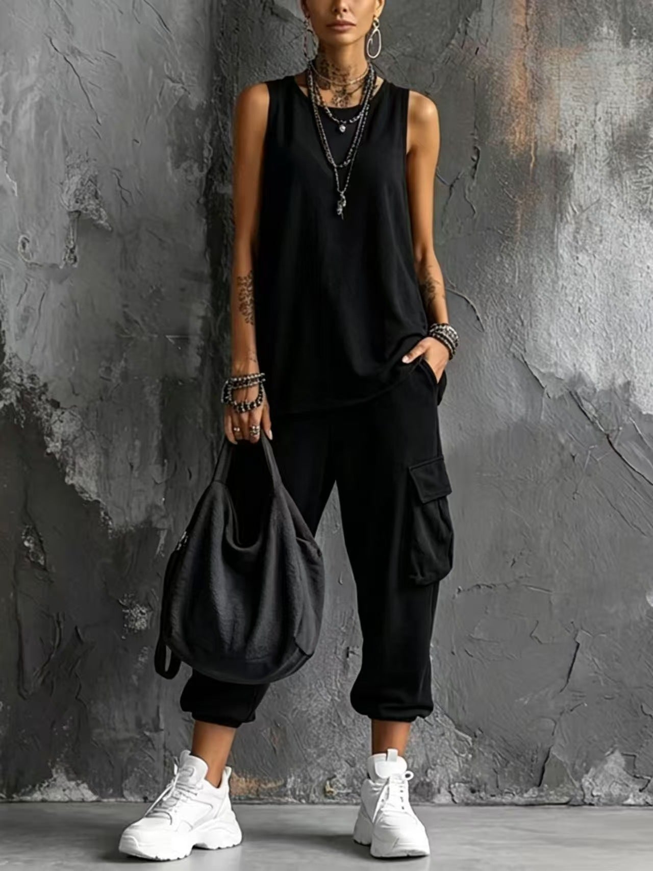 Women's Summer Sleeveless Round Neck Overalls Two-piece Fashion Casual Suit
