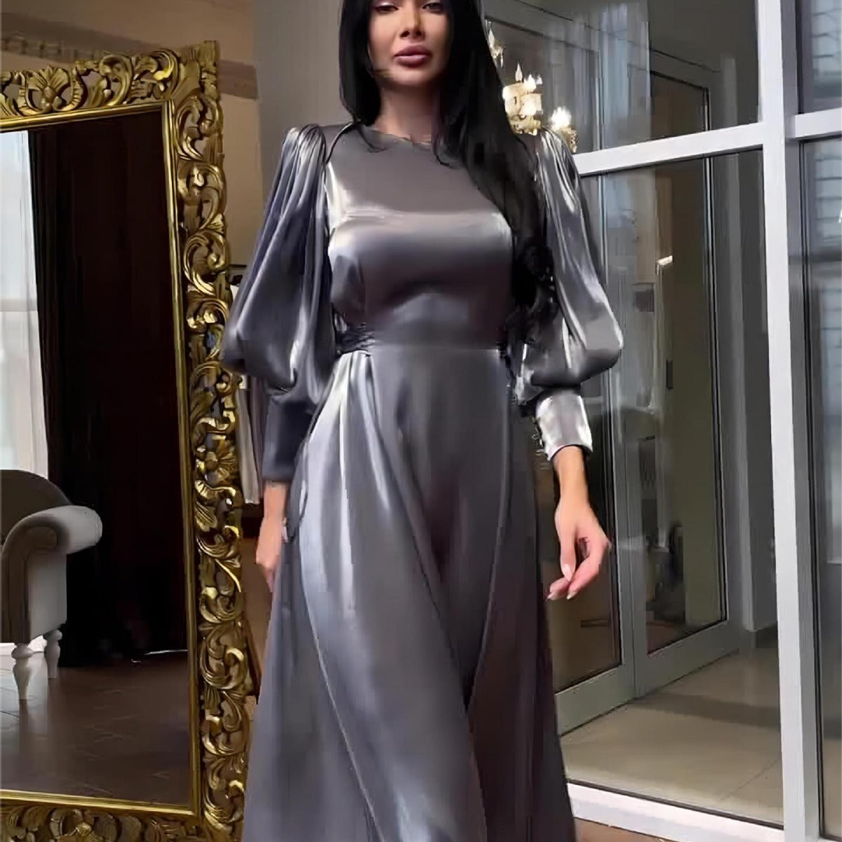 Women's Lantern Sleeve Long Satin Lace Up Dresses