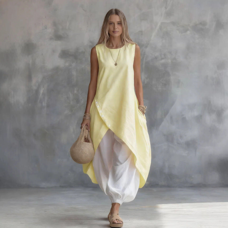 Solid Color Sleeveless Loose Pockets White Suits