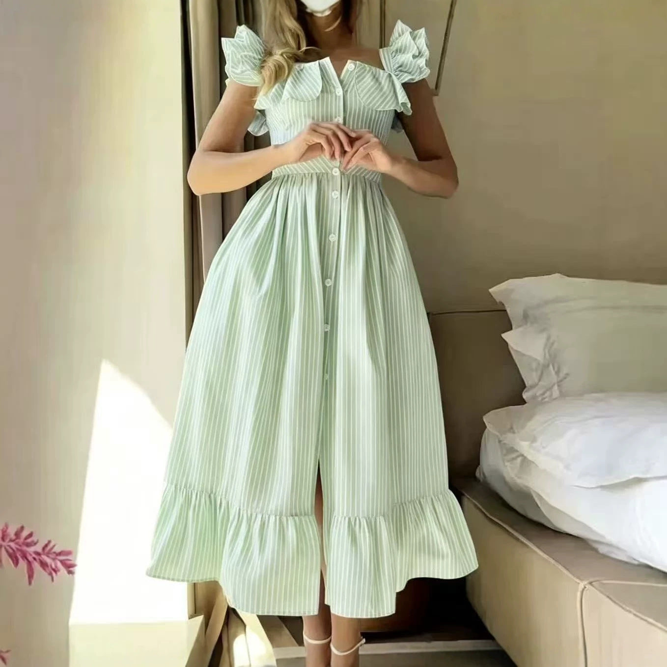 Flying Sleeves Striped Ruffled Long Summer Casual Dress