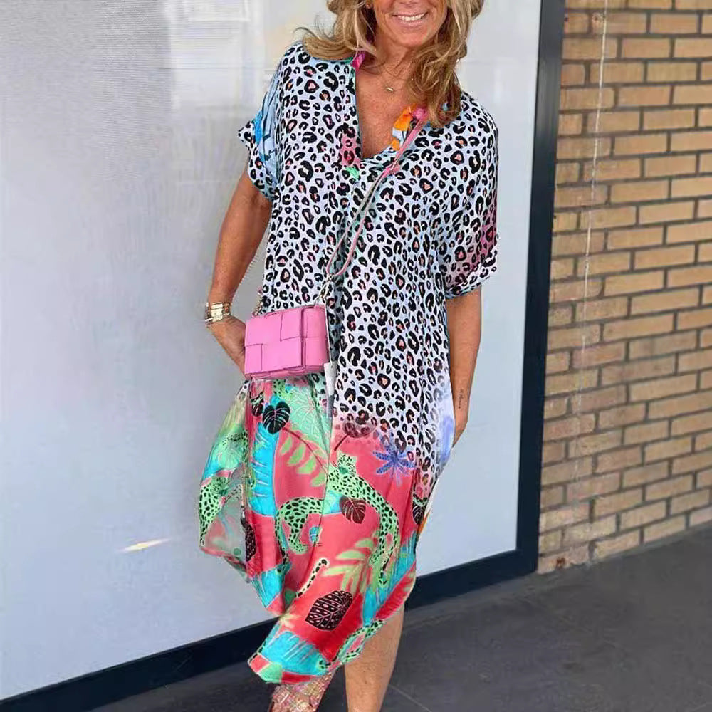 Women's Fashion Wear Half-open Collar Printed Loose Dresses