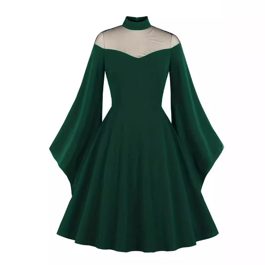 Black Queen Mesh Flared Sleeves Patchwork Dresses