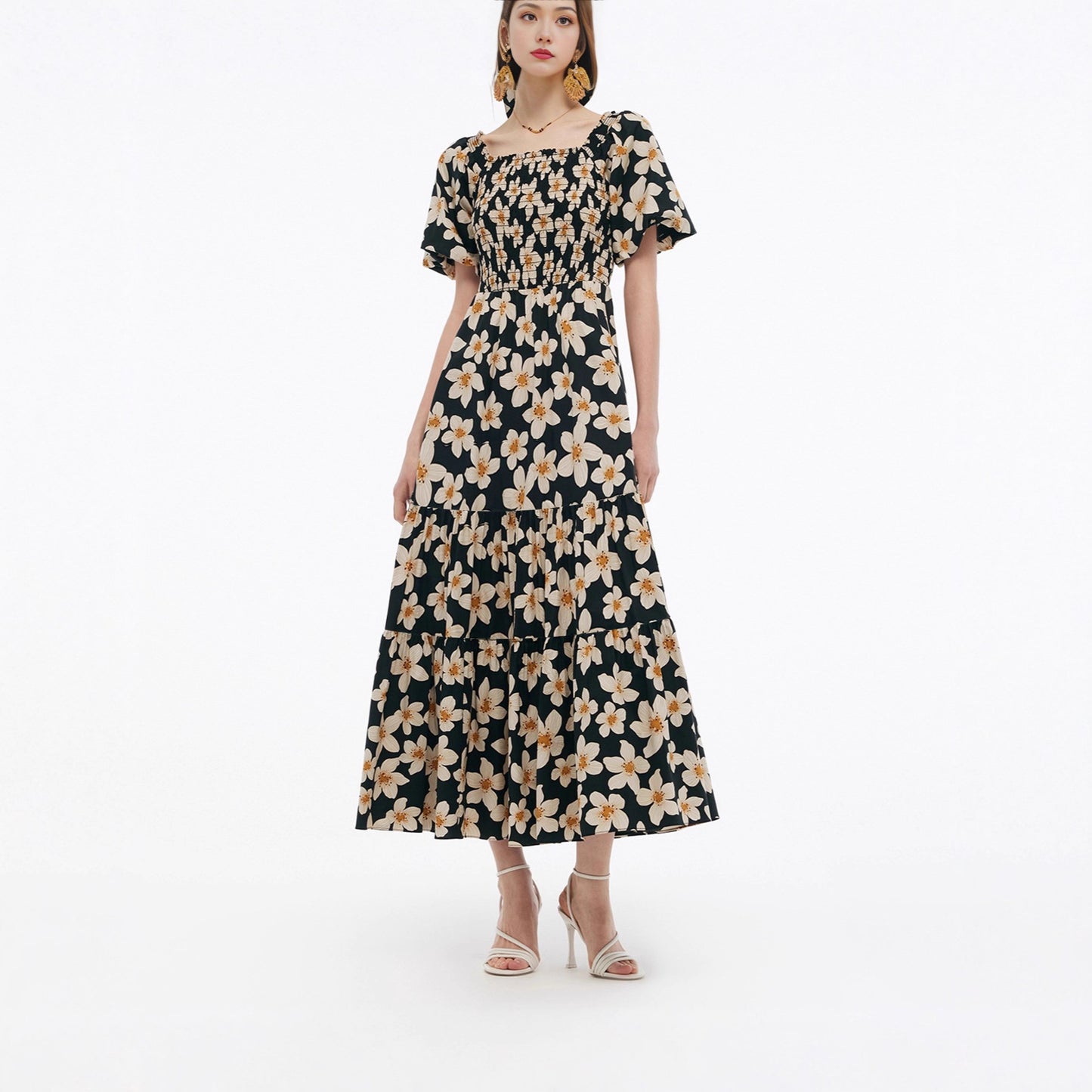 Women's Waist Trimming Printing Ruffles Elegant Fashion Dress