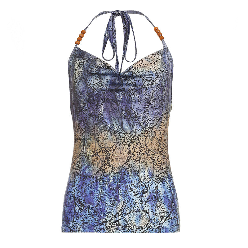 Color Printed Sexy Beaded Halter Backless Hot Tops
