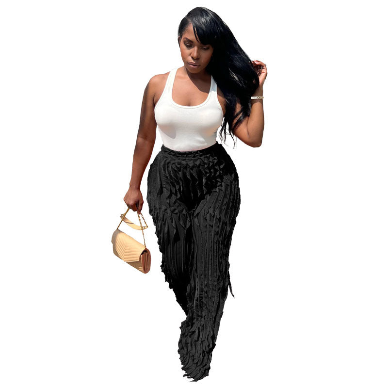 Women's Mesh Wavy Ruffled Loose High Waist Pants