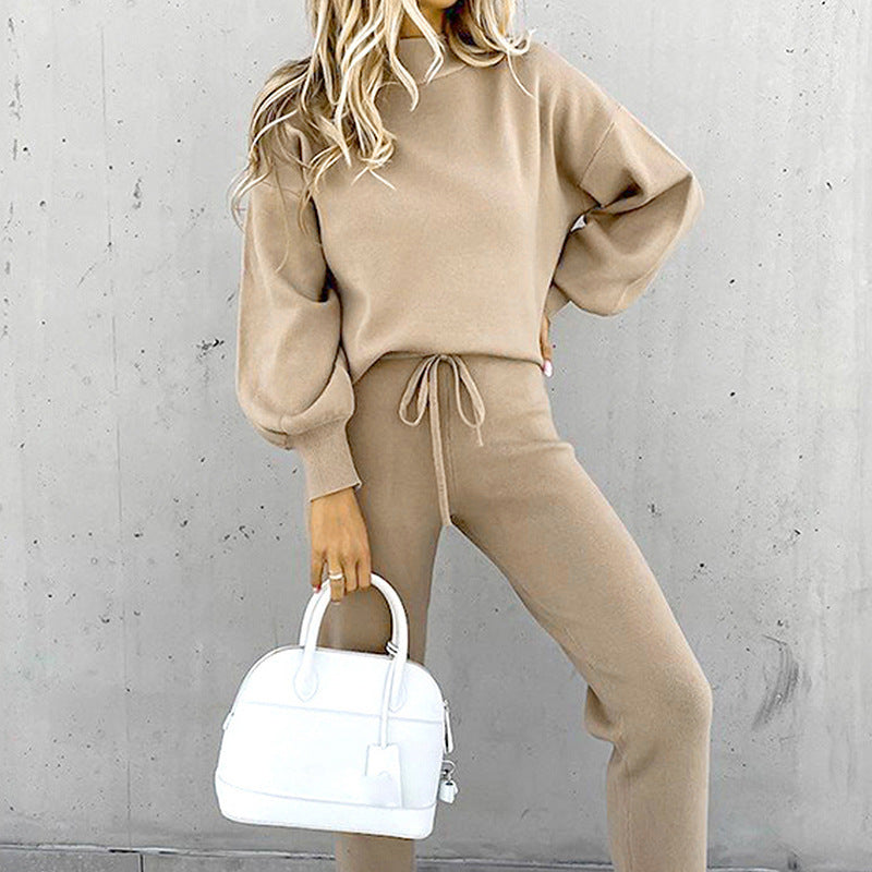 Women's Turtleneck Casual Solid Color Trousers Two-piece Suits