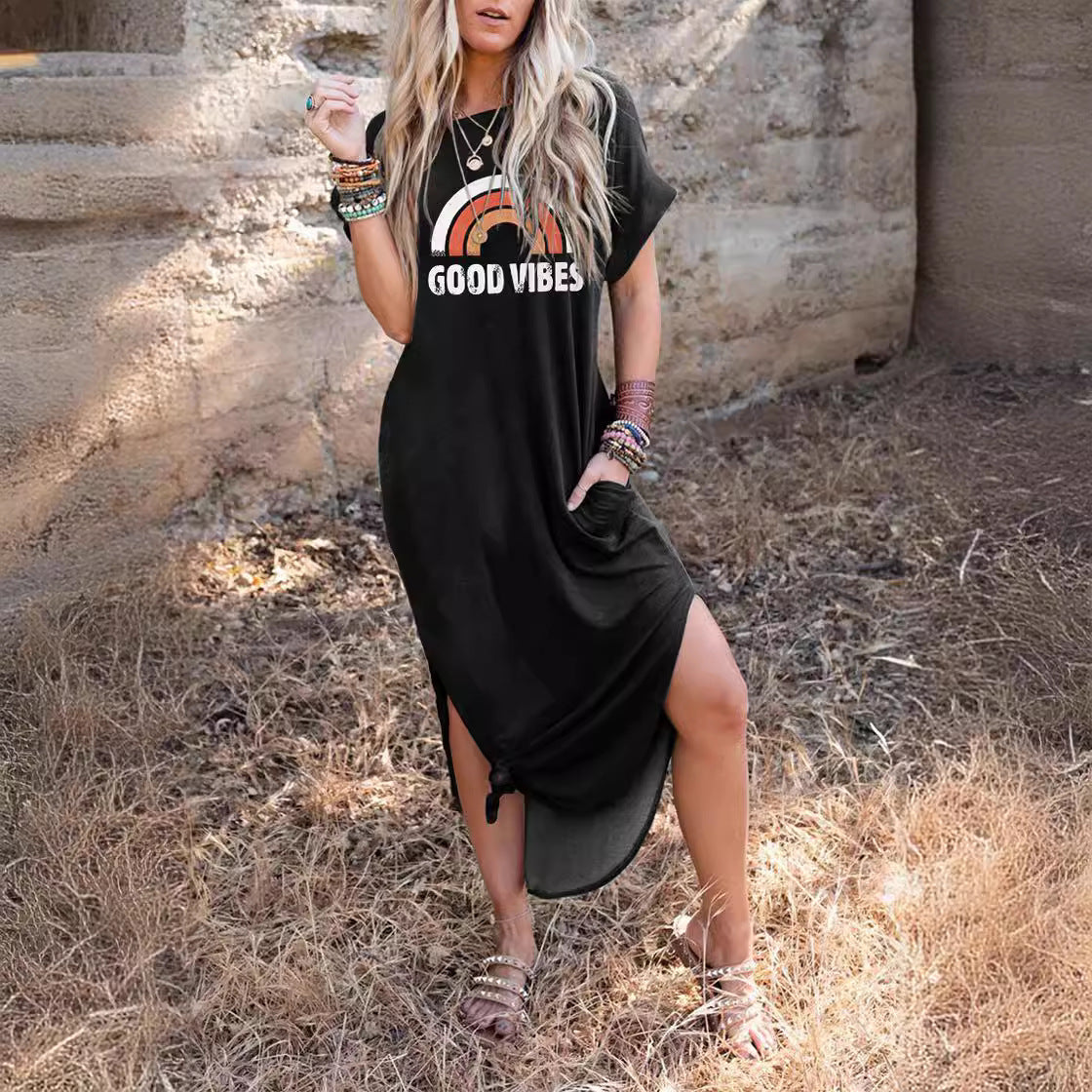 Women's Summer Rainbow Short-sleeved Knitted Dress Dresses