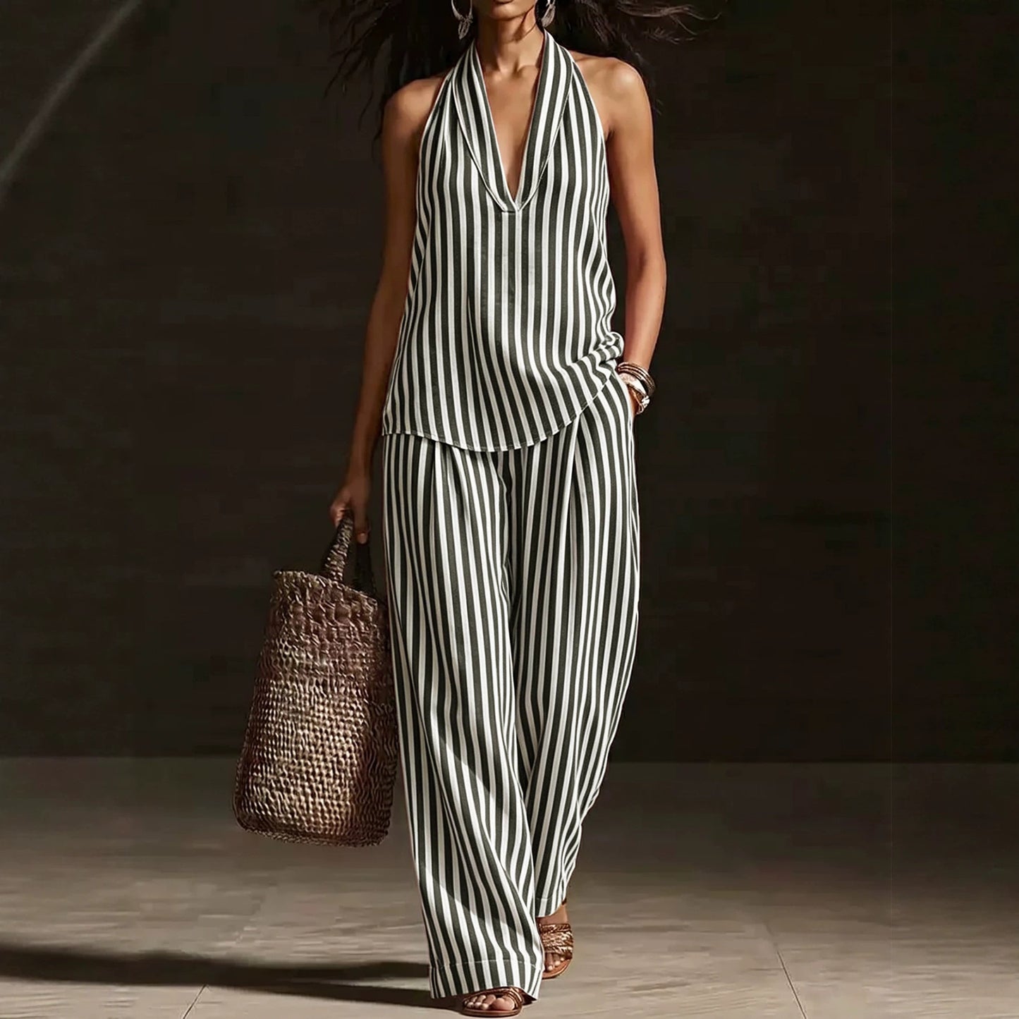 Striped Halter Sleeveless Cotton Linen Two-piece Fashion Casual Suit