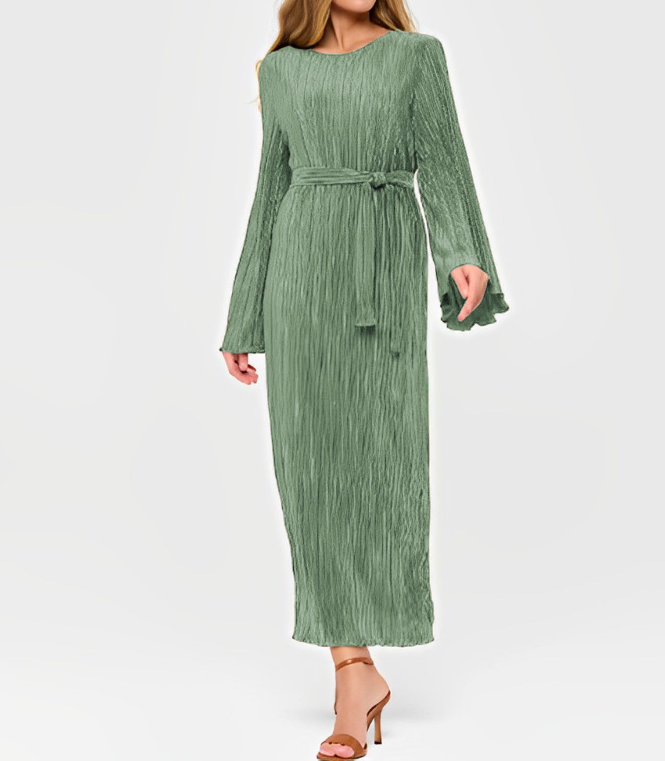 Women's Pleated Bell Sleeve Crew Neck Casual Holiday Idle Dress