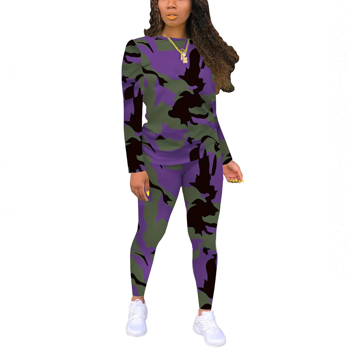 Women's Color Gradient Printing Round Neck Long Sleeve Trousers Suits