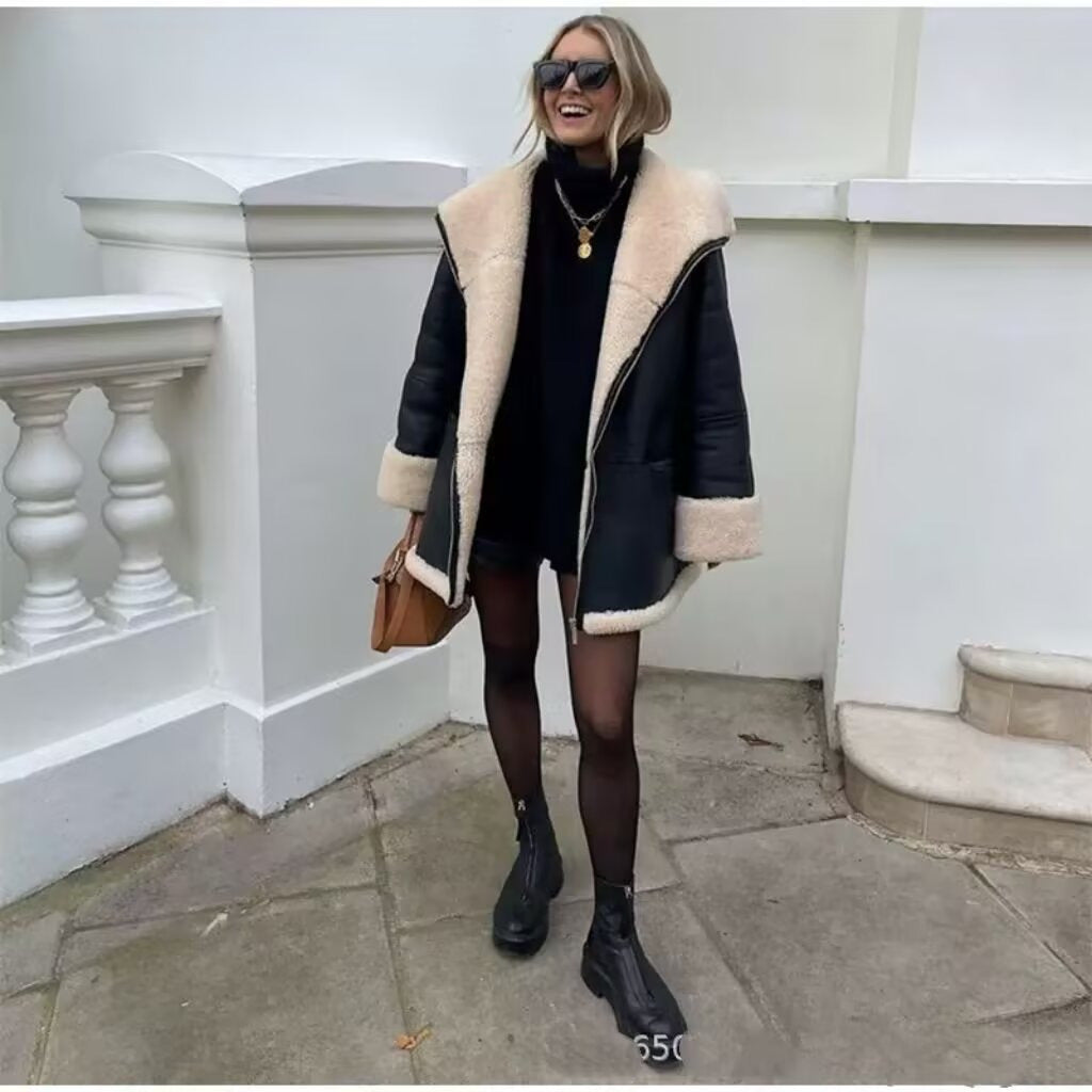 Women's Fashion Cashmere Leather Fur Collar Composite Coats